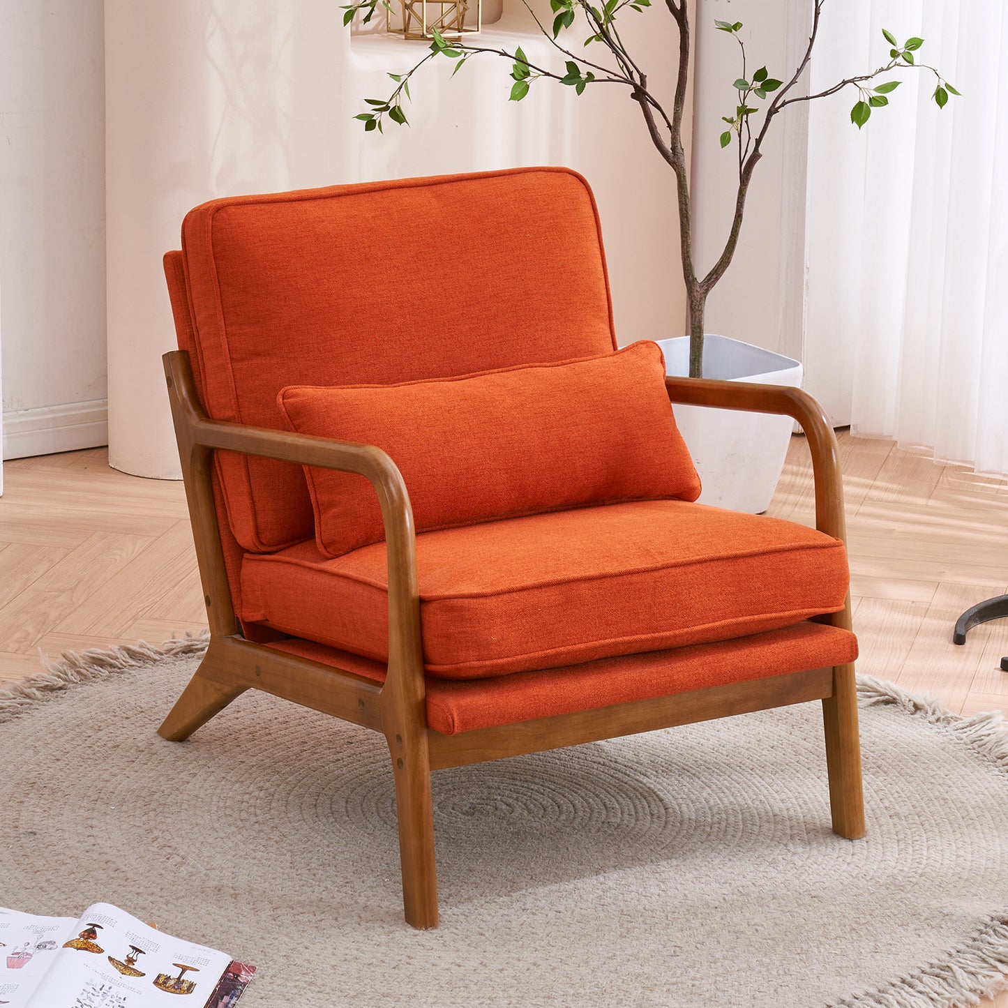 SESSLIFE Chaise Lounge Chair for Living Room, Comfortable Oversized Sleeper Chair with Solid Wood Frame and Soft Linen Upholstery, Orange
