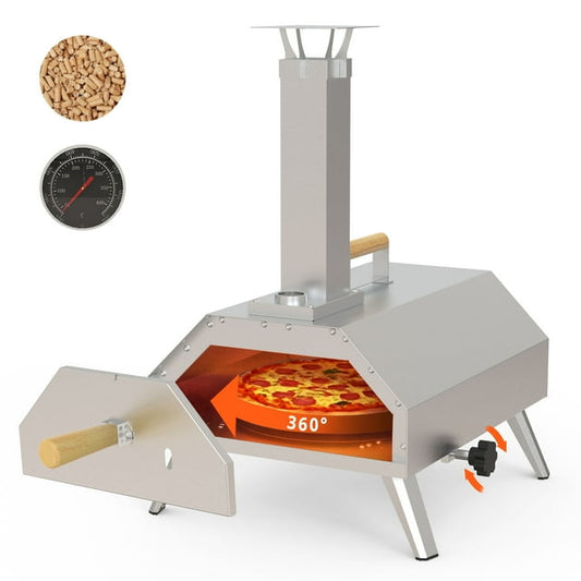 Yardmaster 12" Portable Stainless Steel Pizza Oven with 360° Rotating Stone, Ash Tray Anti-Scald Wood Handle and Foldable Legs, Wood Fired for Best Flavor, Perfect for Party Camping Picnics
