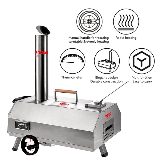 12" Semi-Automatic Outdoor Pizza Oven, Portable Wood-fired Pizza Maker with Manual Rotating Turntable, Temperature Gauge for Stone-Baked Pizzas, Steak, Bread, Garden & Outdoor Use
