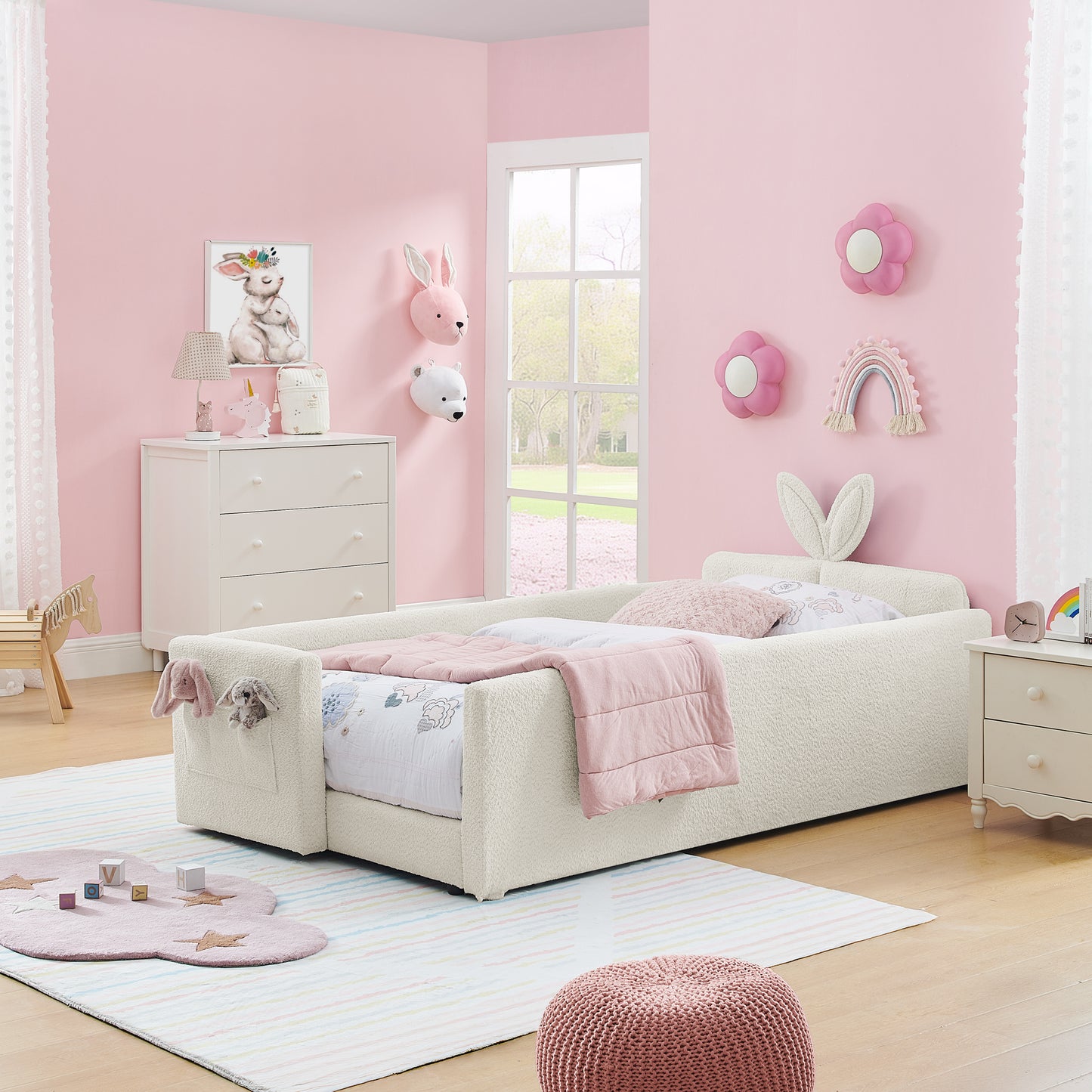 Sesslife Twin Bed Frame with Guardrail, Upholstered Twin Size Floor Bed with Rabbit Ear Headboard and Side Pocket, Montessori Platform Bed Frame with Wood Slats for Little Boys Girls, Beige
