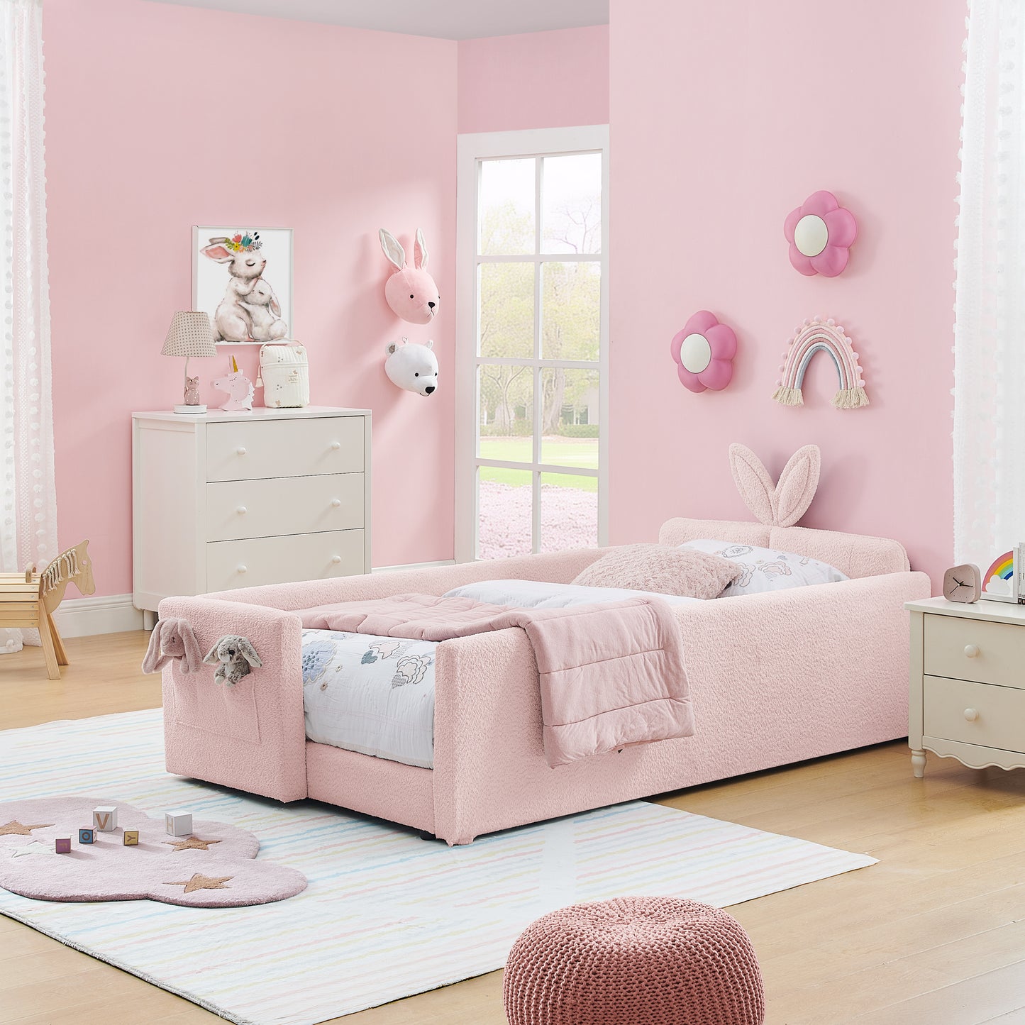 Sesslife Twin Bed Frame with Guardrail, Upholstered Twin Size Floor Bed with Rabbit Ear Headboard and Side Pocket, Montessori Platform Bed Frame with Wood Slats for Little Boys Girls, Beige