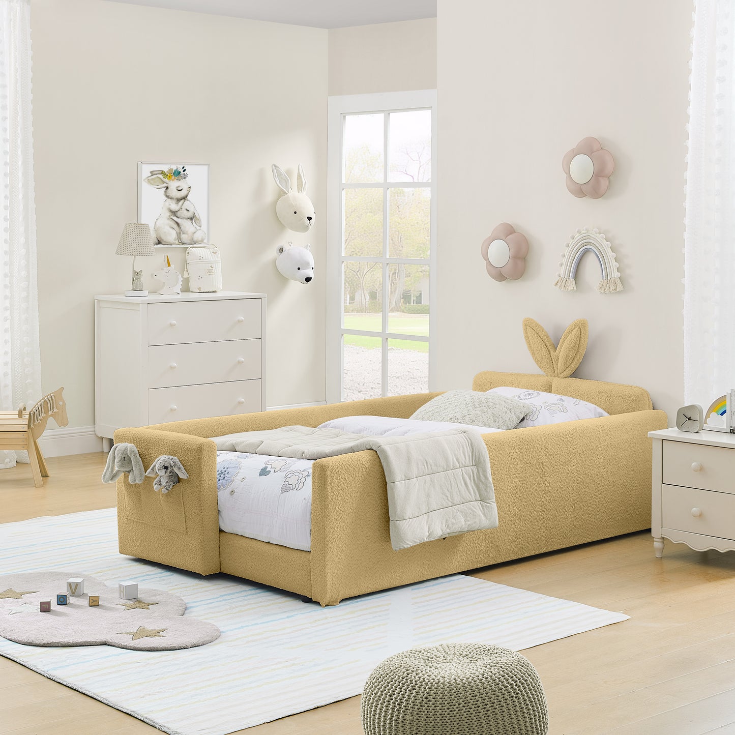 Sesslife Twin Bed Frame with Guardrail, Upholstered Twin Size Floor Bed with Rabbit Ear Headboard and Side Pocket, Montessori Platform Bed Frame with Wood Slats for Little Boys Girls, Beige