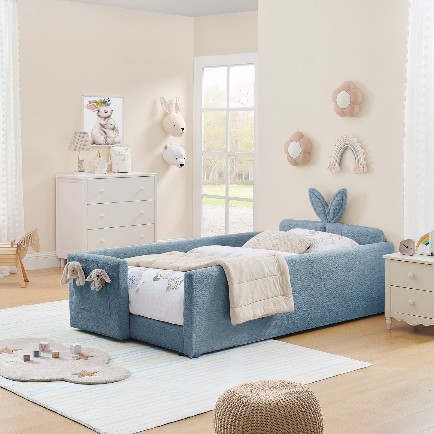 Sesslife Twin Bed Frame with Guardrail, Upholstered Twin Size Floor Bed with Rabbit Ear Headboard and Side Pocket, Montessori Platform Bed Frame with Wood Slats for Little Boys Girls, Beige