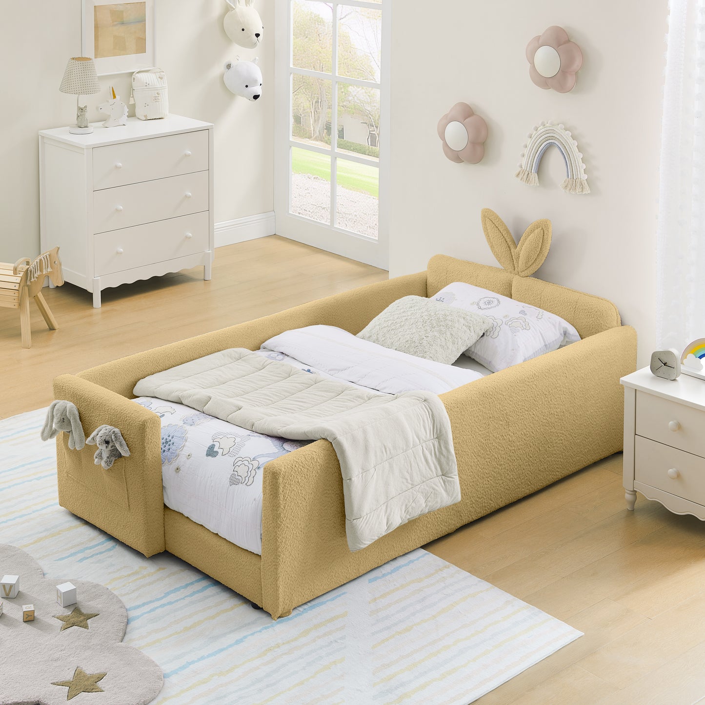 Sesslife Twin Bed Frame with Guardrail, Upholstered Twin Size Floor Bed with Rabbit Ear Headboard and Side Pocket, Montessori Platform Bed Frame with Wood Slats for Little Boys Girls, Beige