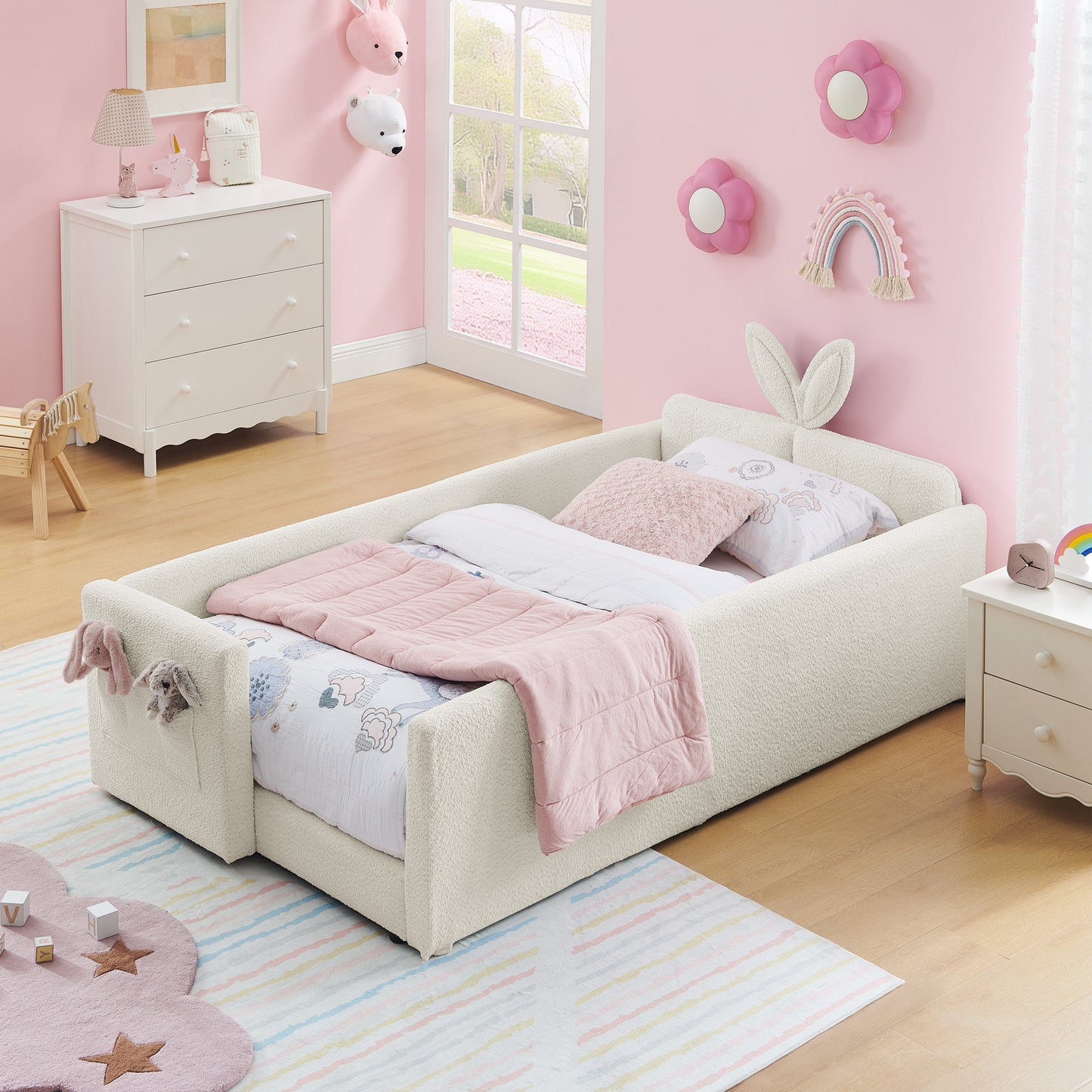 Sesslife Twin Bed Frame with Guardrail, Upholstered Twin Size Floor Bed with Rabbit Ear Headboard and Side Pocket, Montessori Platform Bed Frame with Wood Slats for Little Boys Girls, Beige