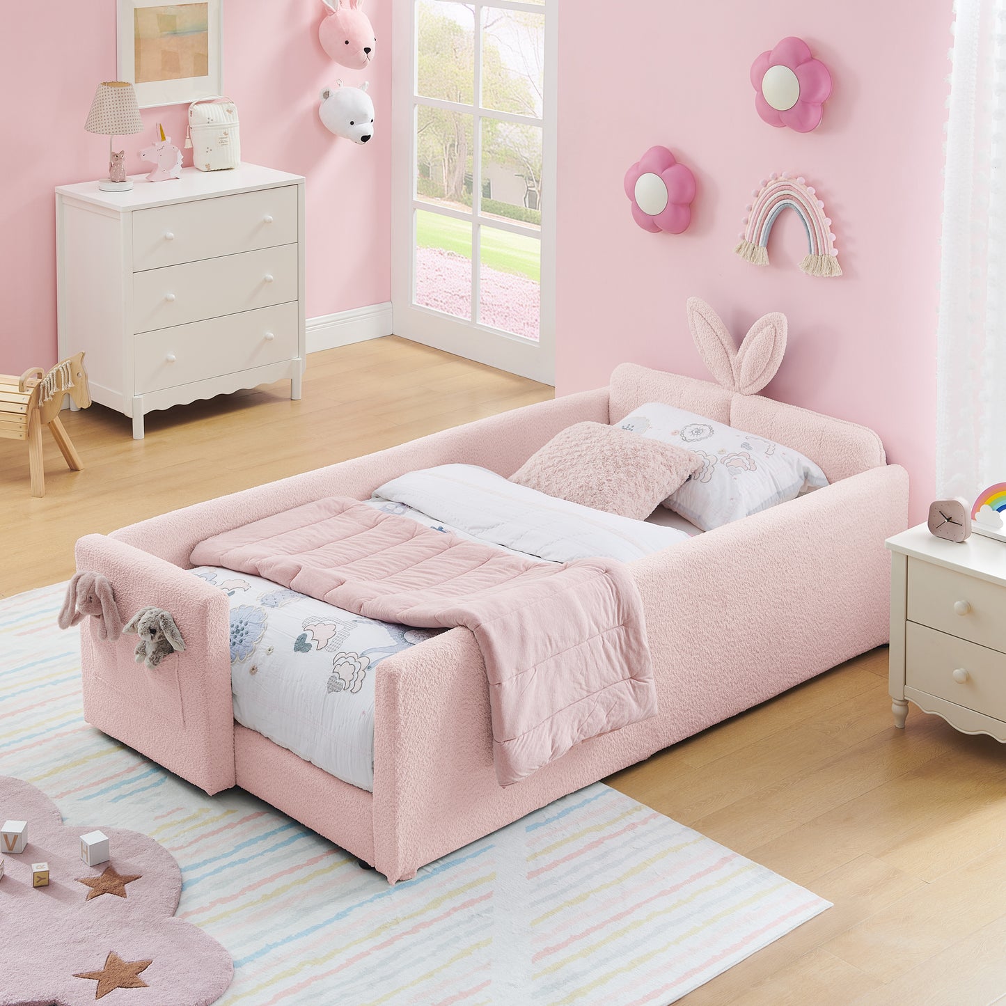 Sesslife Twin Bed Frame with Guardrail, Upholstered Twin Size Floor Bed with Rabbit Ear Headboard and Side Pocket, Montessori Platform Bed Frame with Wood Slats for Little Boys Girls, Beige