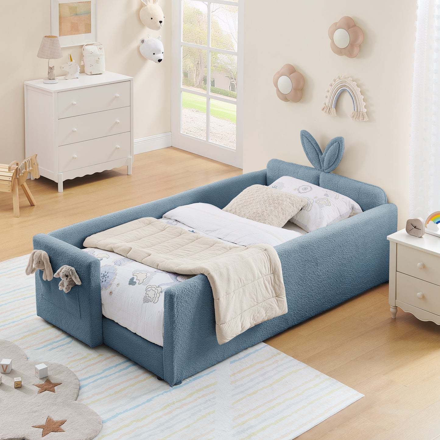 Sesslife Twin Bed Frame with Guardrail, Upholstered Twin Size Floor Bed with Rabbit Ear Headboard and Side Pocket, Montessori Platform Bed Frame with Wood Slats for Little Boys Girls, Beige