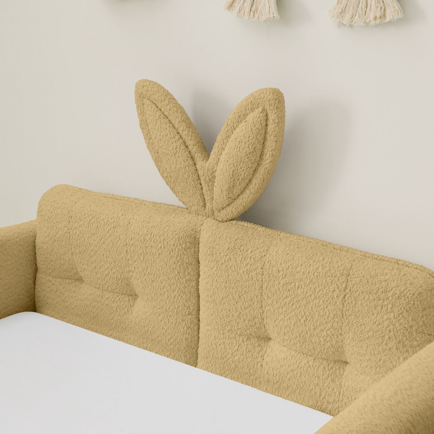 Sesslife Twin Bed Frame with Guardrail, Upholstered Twin Size Floor Bed with Rabbit Ear Headboard and Side Pocket, Montessori Platform Bed Frame with Wood Slats for Little Boys Girls, Beige