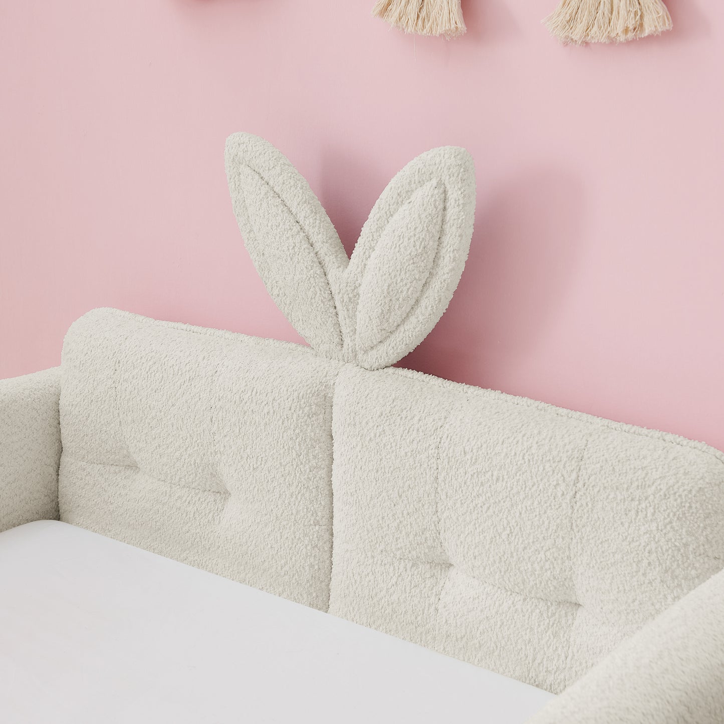 Sesslife Twin Bed Frame with Guardrail, Upholstered Twin Size Floor Bed with Rabbit Ear Headboard and Side Pocket, Montessori Platform Bed Frame with Wood Slats for Little Boys Girls, Beige