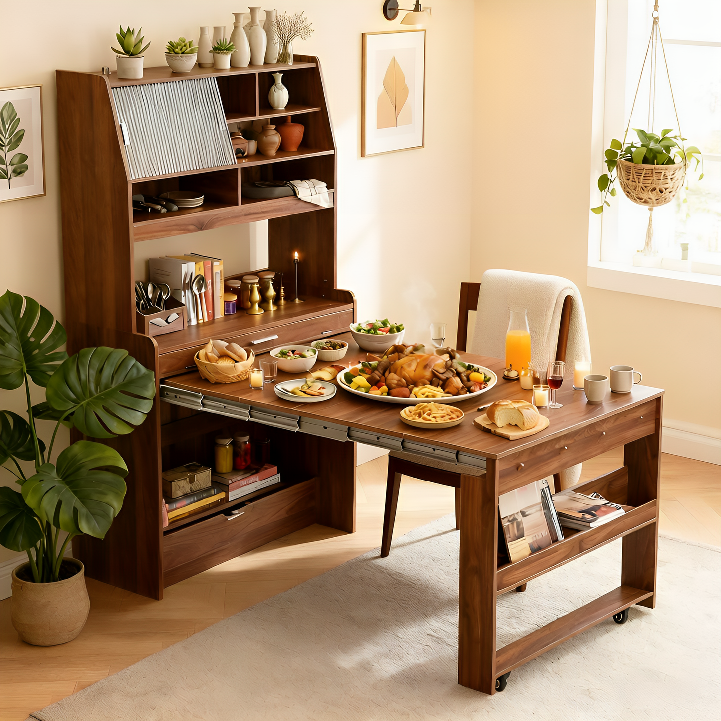 SESSLIFE Sideboard with Storage and Foldable Table, Buffet Cabinet with Hutch for Dining Room, Space Saving Design with Wheels, Farmhouse Style, Walnut