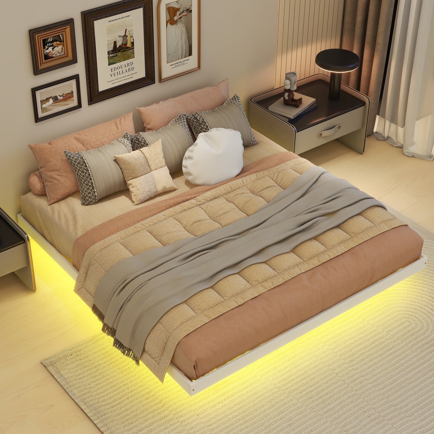 PORKISS Bed Frame, Full Size Bed Frame with LED Lights, Modern Floating Bed, Easy to Assemble, Grey