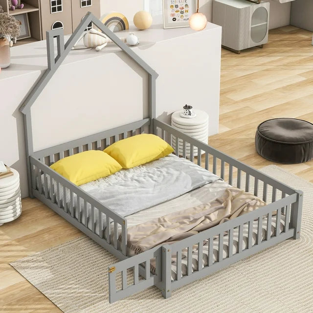 PORKISS Full Size House Platform Bed for Kids with House-Shaped Headboard, Low Floor Bed with Guardrails Fence, White