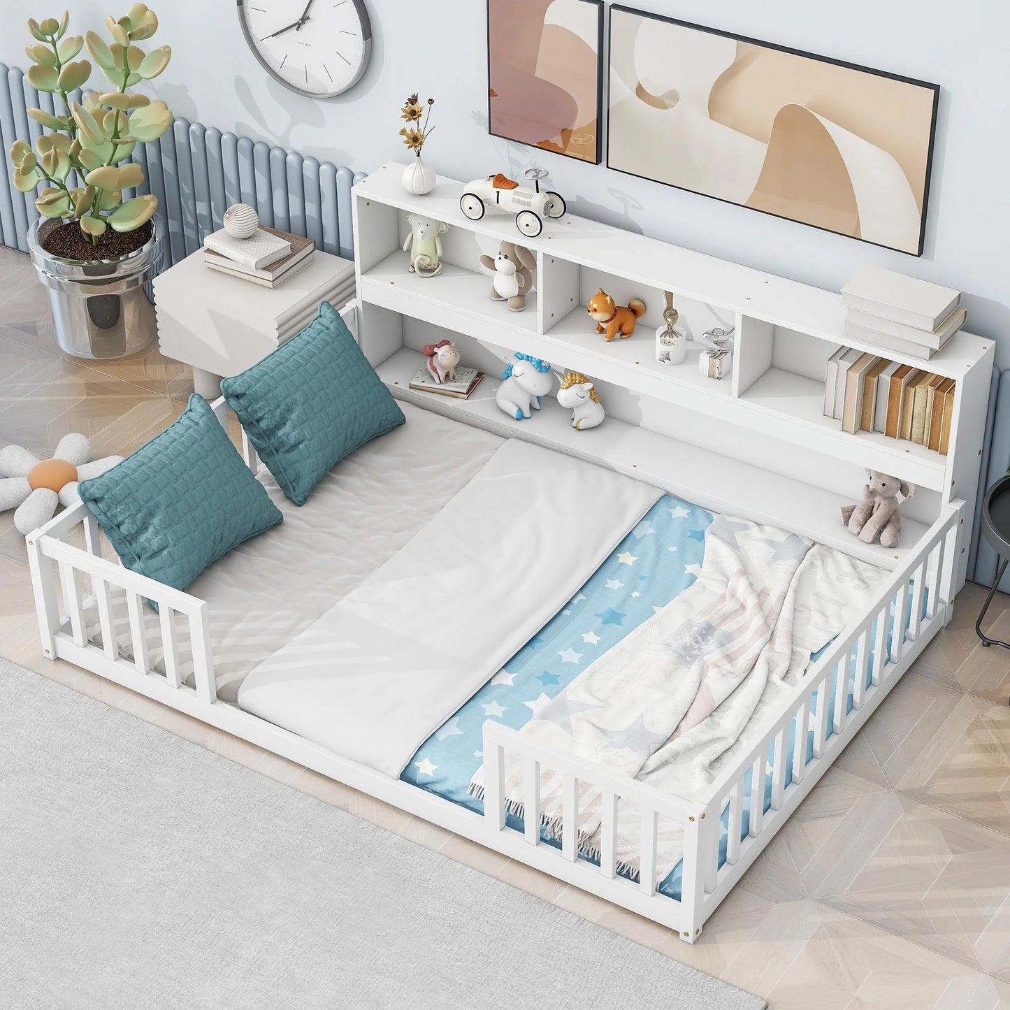 PORKISS Twin Size Floor Bed, Kids Wood Bed with Shelves, Fence, Wood Montessori Floor Bed, White