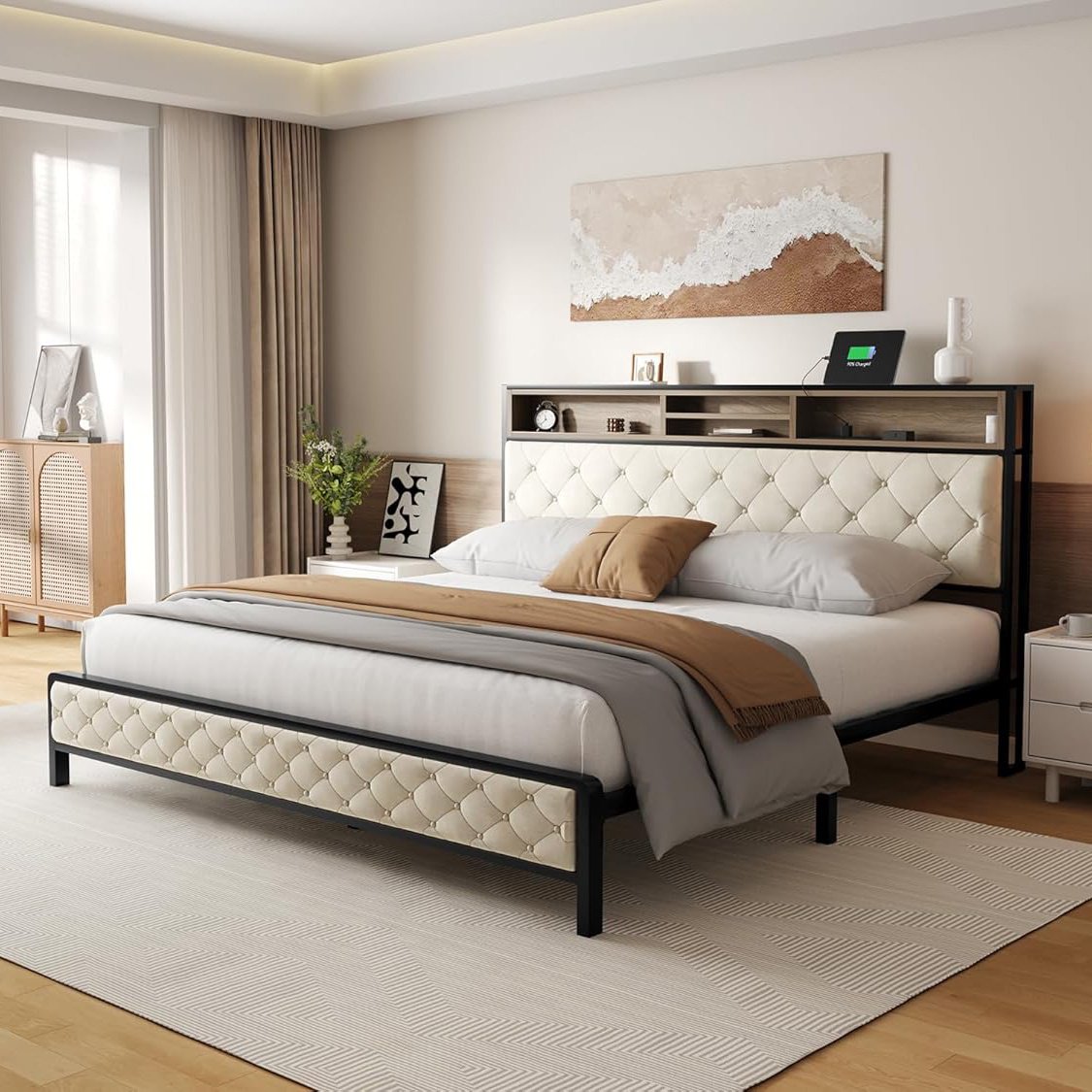 Sesslife Queen Size Bed Frame with Upholstered Storage Headboard, Modern Platform Bed with Charging Station, No Box Spring Needed, Large Under Bed Storage, Strong Slats Support, Beige