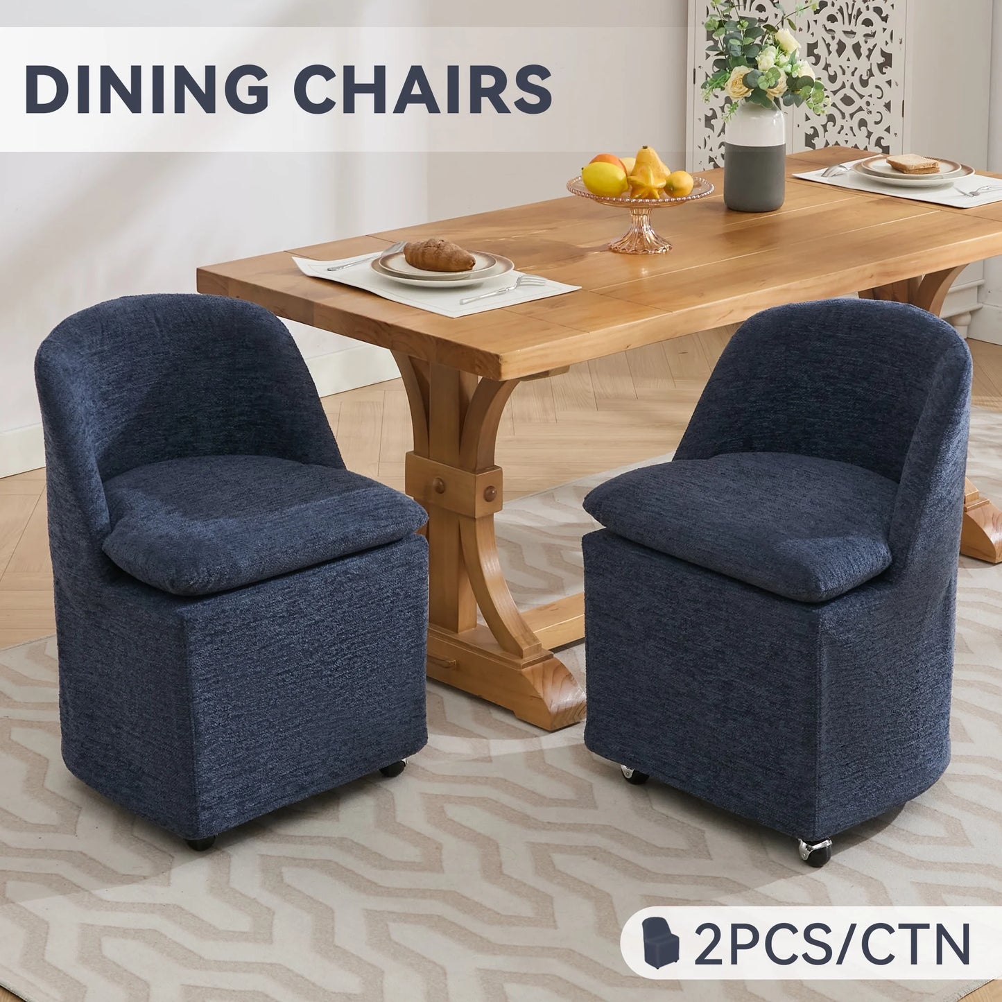 PORKISS Upholstered Dining Chairs of 2 with Wheels, Chenille Upholstered Kitchen Chairs, Accent Chairs for Kitchen Living Room, (Beige, 2 Pcs)