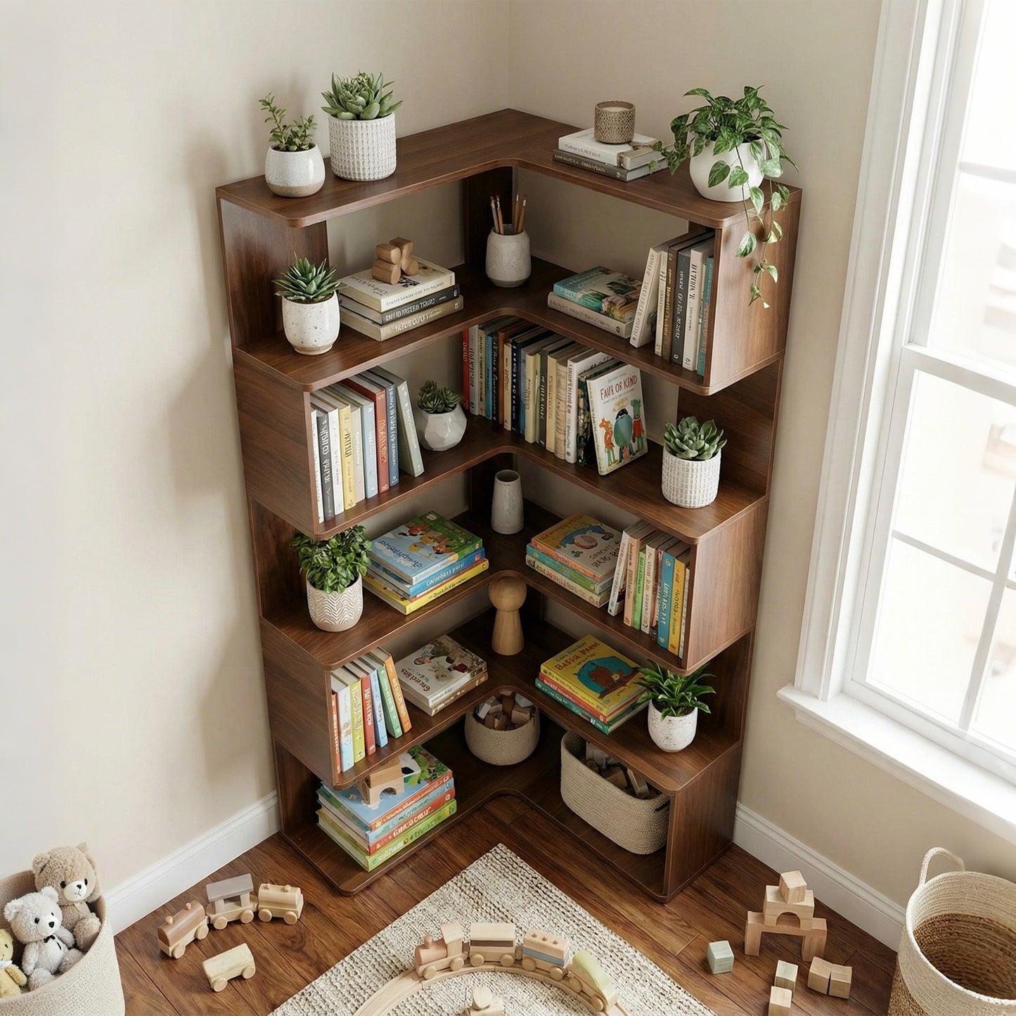 SESSLIFE 6 Tier Corner Bookshelf, 66" Tall L-Shaped Corner Shelf with Baffle, Freestanding Open Display Bookcase for Living Room, Bedroom, Home Office, Walnut