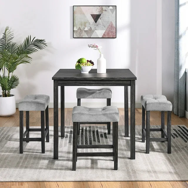 PORKISS 5 Piece Dining Table Set, Rustic Bar Table Set with Table 4 Upholstered Stools, White+Black