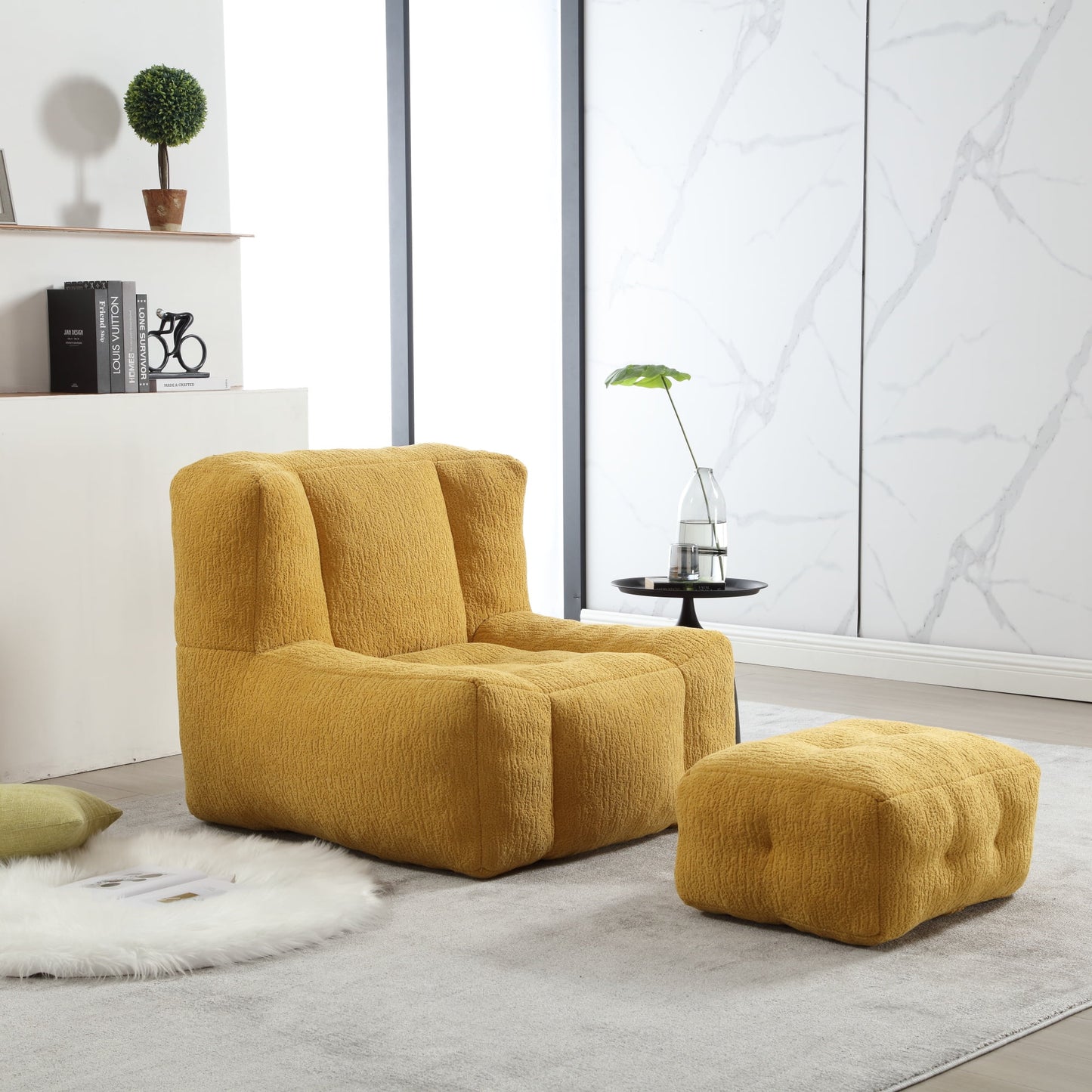 PORKISS Oversize Bean Bag Chairs with Ottoman, Memory Foam Soft Lazy Sofa for Adults and Kids, Velvet Yellow