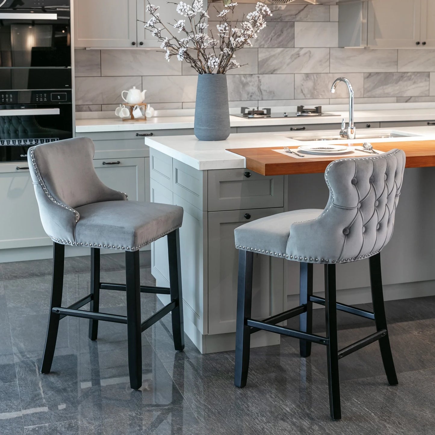 PORKISS Dining Chairs Set of 2, Thickened Fabric Chairs with Solid Wood Legs, Modern Velvet Upholstered Dining Chairs, Leisure Style Bar Chairs, Beige