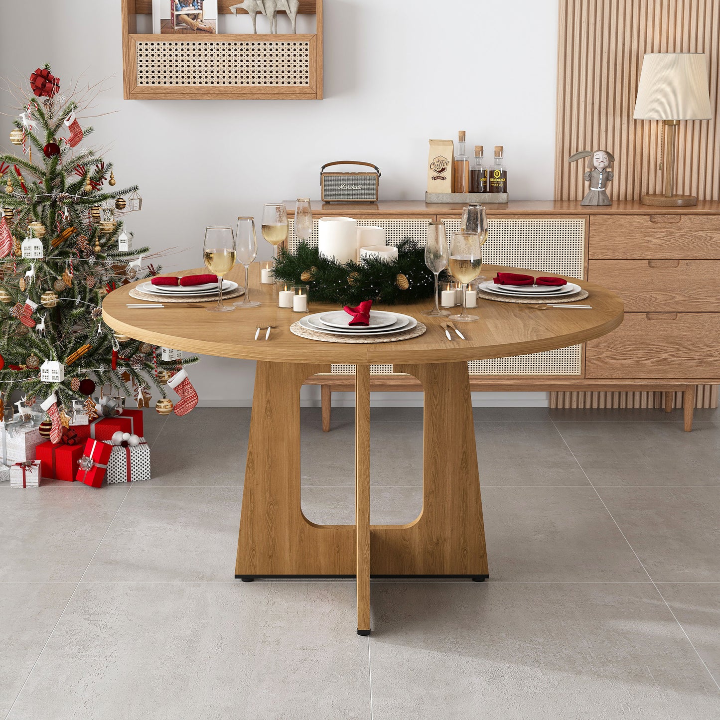 SESSLIFE 47" Round Dining Table for 4–6, Farmhouse Kitchen Table with Wood Grain Finish, Sturdy MDF Top and Metal Base, Easy Assembly, Ancient Oak