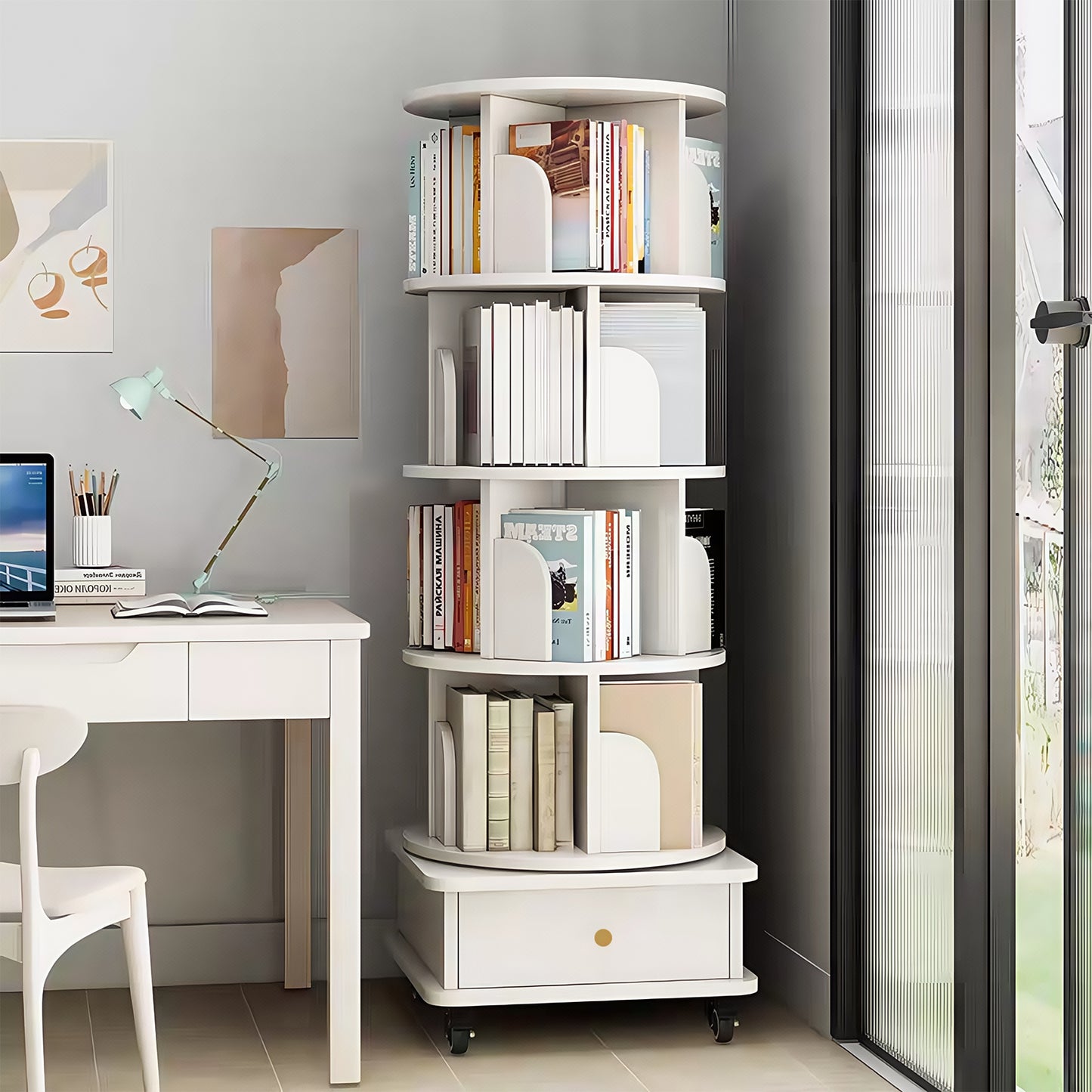 SESSLIFE 6 Tier Rotating Bookshelf Tower with Wheels and Drawer, 360° Spinning Bookcase for Small Spaces, Vertical Round Storage Shelf for Bedroom Living Room Office, White