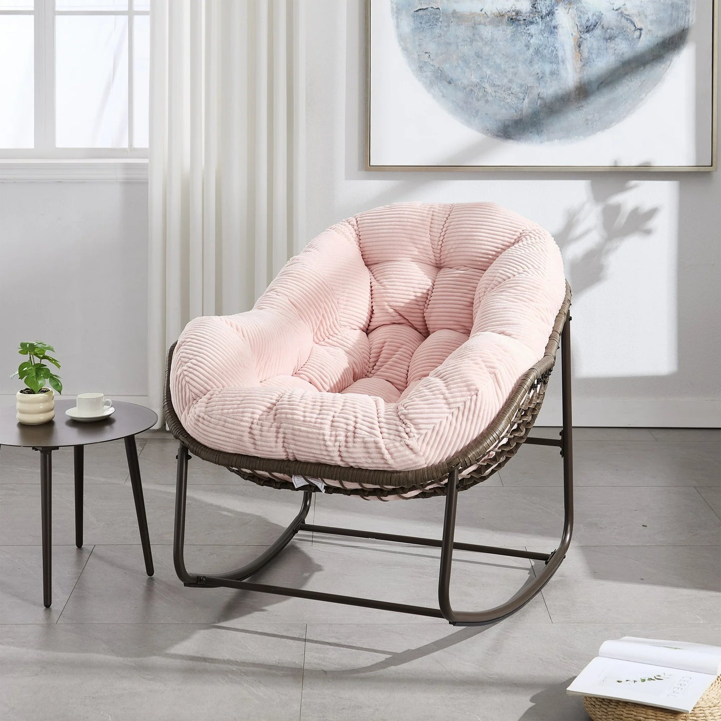 Papasan Rocking Chair Indoor and Outdoor, Patio Rocker Recliner Chair with Padded Cushion, Modern Lounge Egg Chair with Steel, Rattan Frame, Velvet White