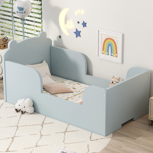Toddler Floor Bed, Wood Toddler Bed Frame with Bear Shape Headboard, Slats and Safety Guardrails, Montessori Bed for Boys Girls Kids Bedroom, Crib Bed for Ages 3-6, Baby Blue