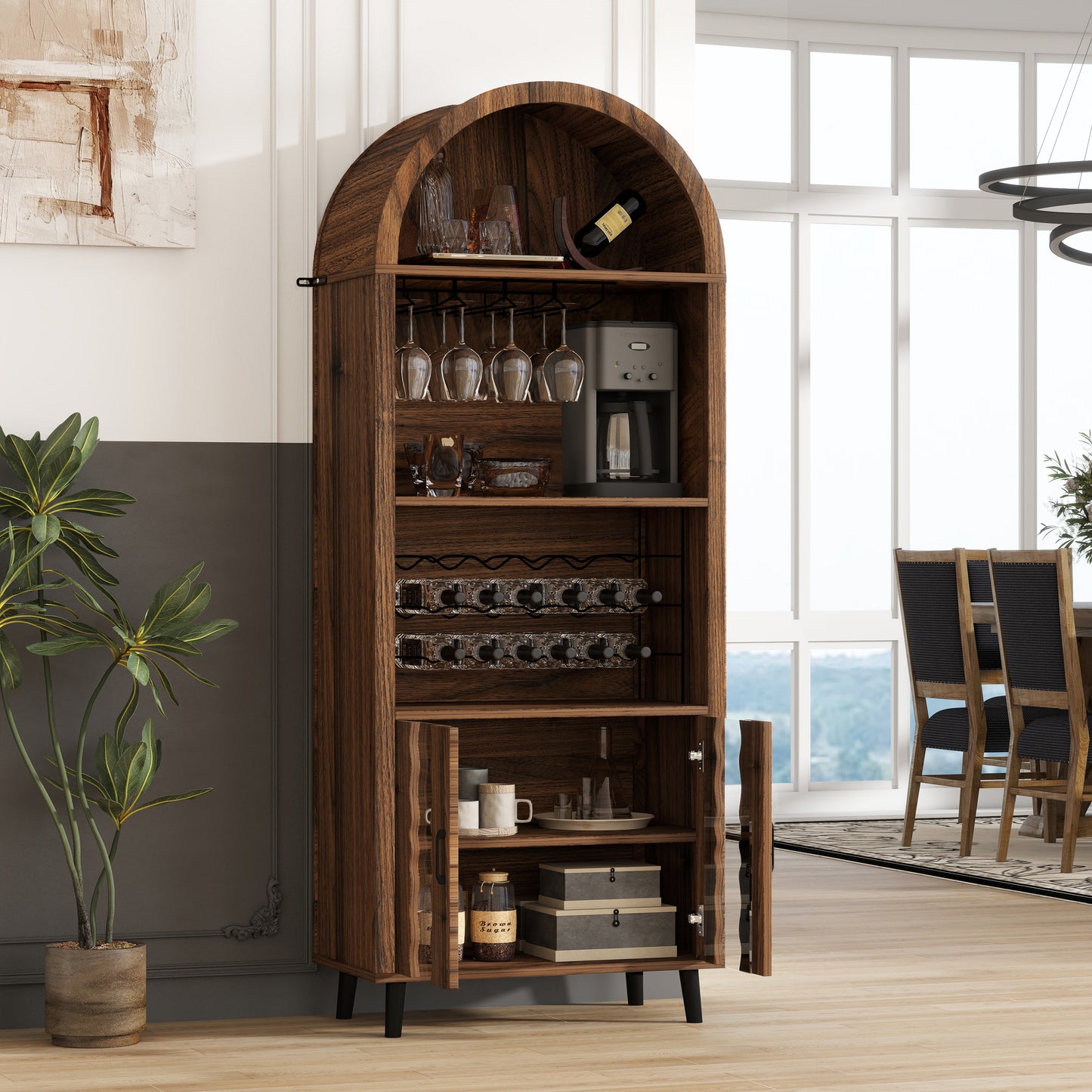 SESSLIFE 71 Inch Pantry Cabinet with Wine Rack and Glass Holder, Arched Black Design for Coffee Bar and Whiskey Corner, Freestanding Storage for Dining Room, Brown Oak