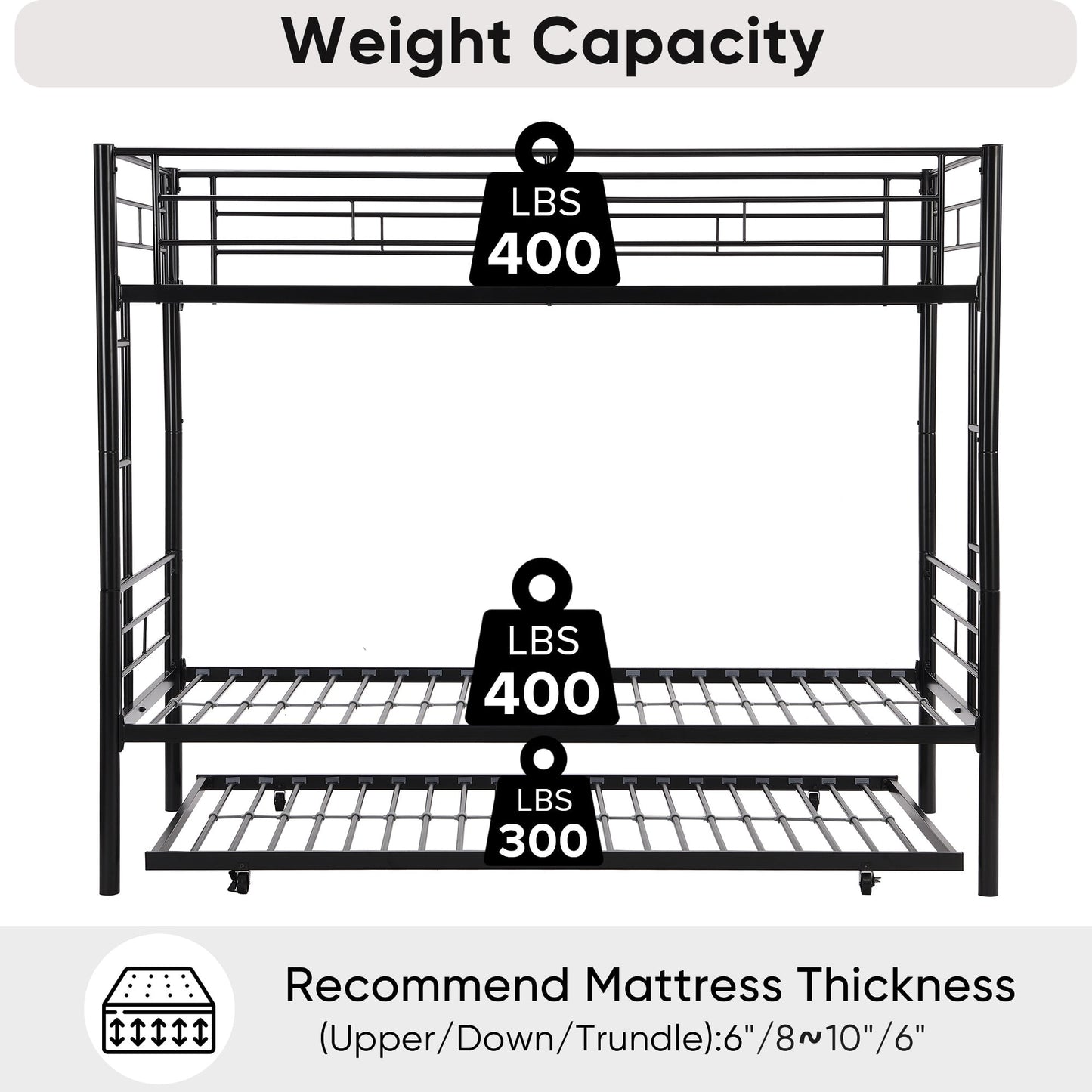 Twin Bunk Bed with Trundle, Metal Bed Frame Bunk Beds for Kids Teens Adult with Ladder and Safety Guardrails, Twin Over Twin Bunk Bed Can be Split into 3 Twin Bed, TE736