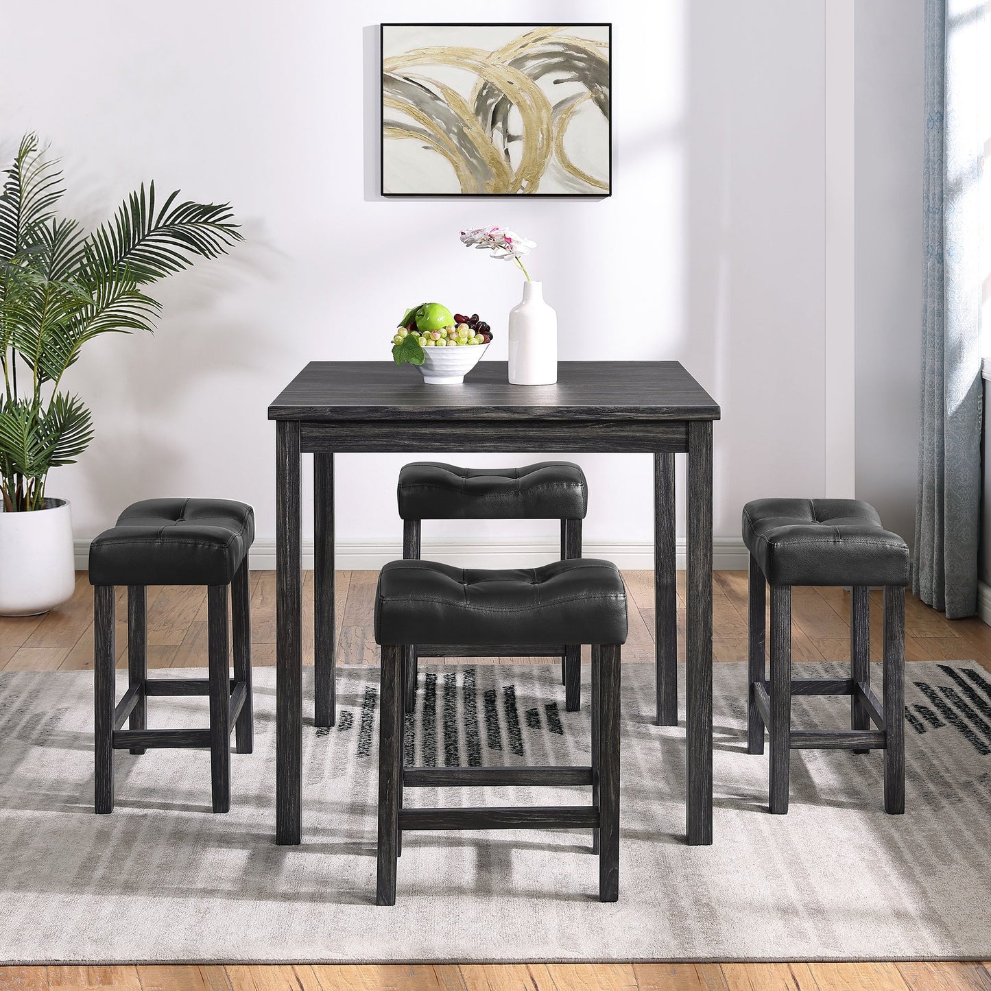 PORKISS 5 Piece Dining Table Set, Rustic Bar Table Set with Table 4 Upholstered Stools, White+Black