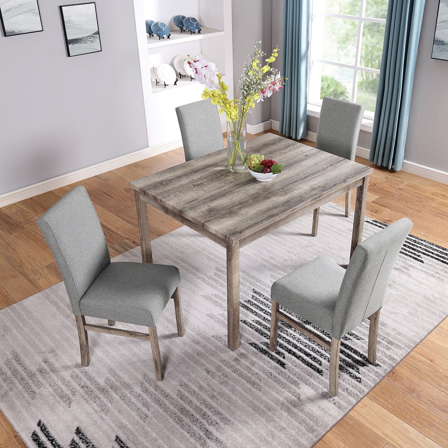 PORKISS Wood Dining Table Set for 4, 5 Piece Dining Room Set with 1 Table 4 Upholstered Chairs, Gray