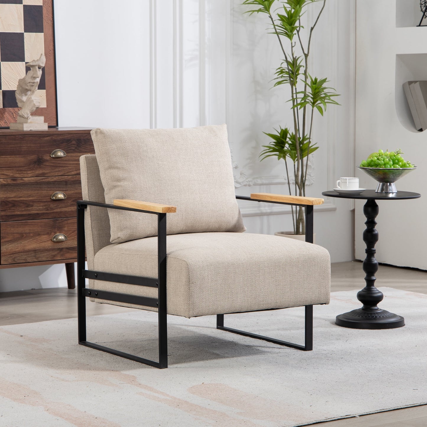 Accent Chair, Modern Arm Chair Leather Upholstered Reading Accent Chair with Metal Frame Solid Wood Arm for Living Room Bedroom Sunroom, Khaki