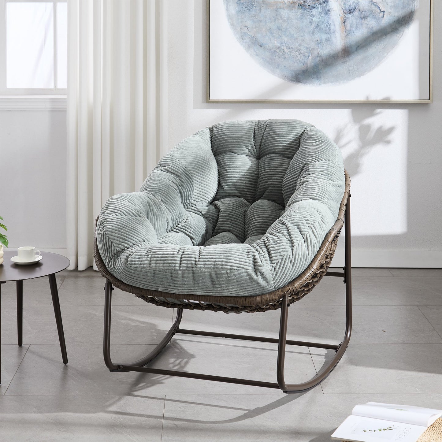 Papasan Rocking Chair Indoor and Outdoor, Patio Rocker Recliner Chair with Padded Cushion, Modern Lounge Egg Chair with Steel, Rattan Frame, Velvet White