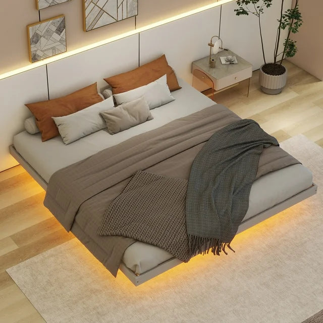 PORKISS Bed Frame, Full Size Bed Frame with LED Lights, Modern Floating Bed, Easy to Assemble, Grey