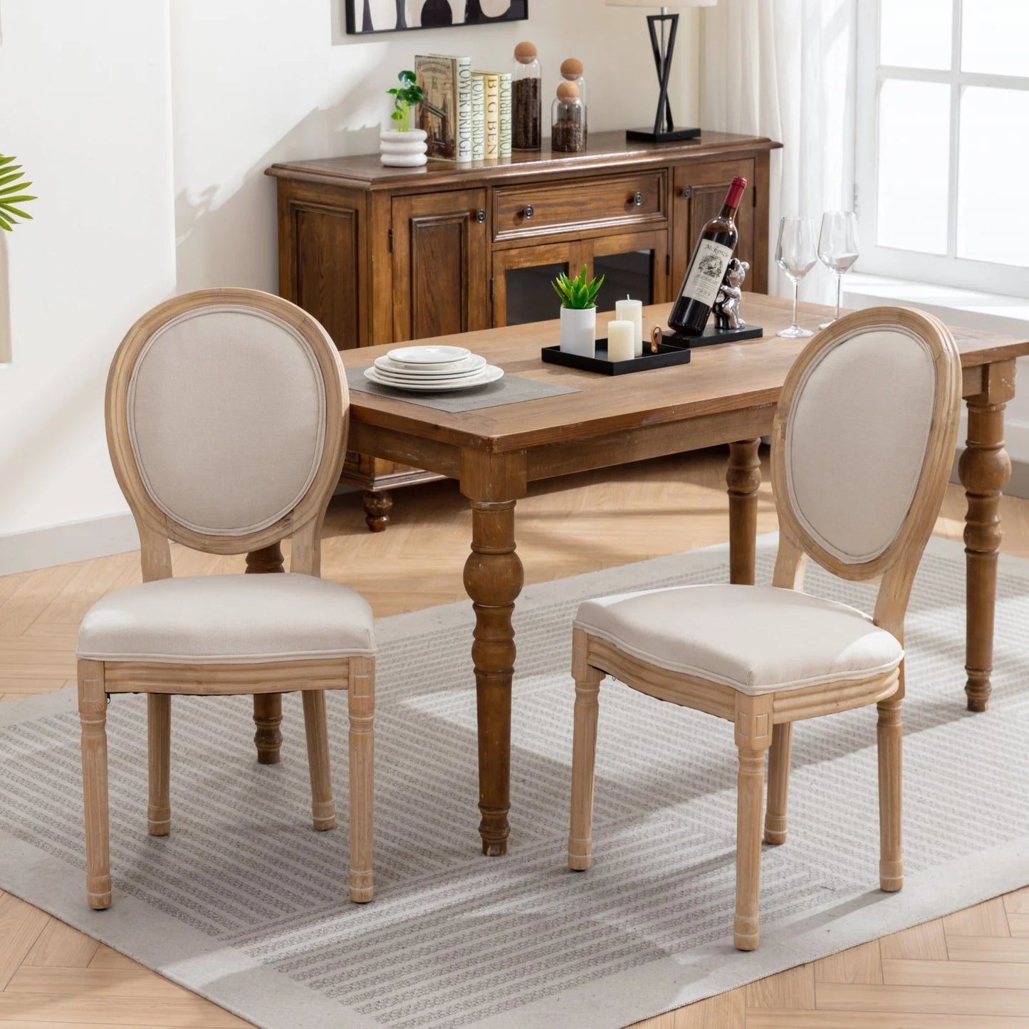 PORKISS Dining Chairs Modern Upholstered Set of 2, French Style Solid Wood Dining Side Chairs, Linen Fabric Dining Chair with Nailhead Trim, Beige B