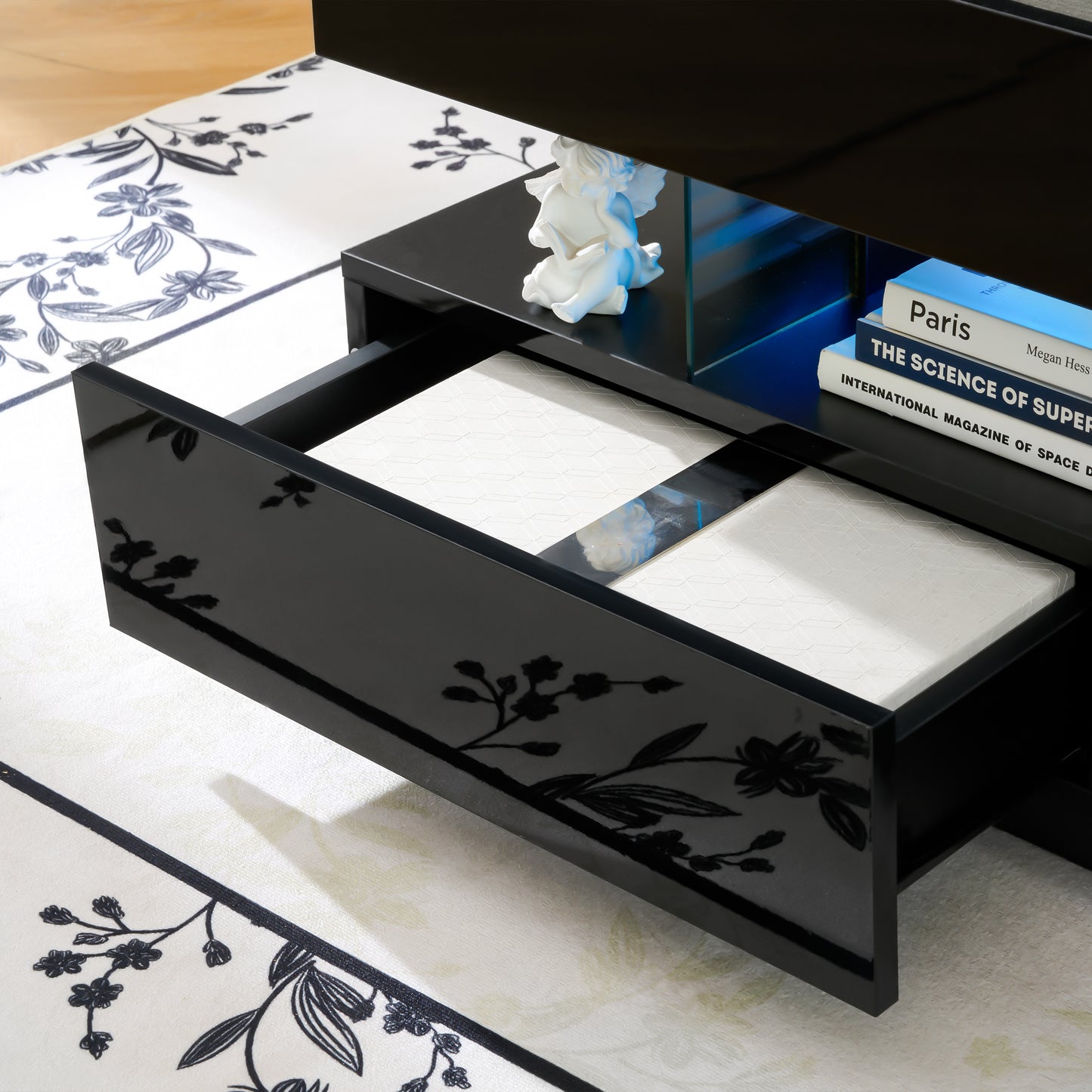 SESSLIFE Modern Lift Top Coffee Table with Storage, Hidden Compartment and LED Lighting, Multifunctional Centerpiece for Small Spaces, 39.3 Inch, Black