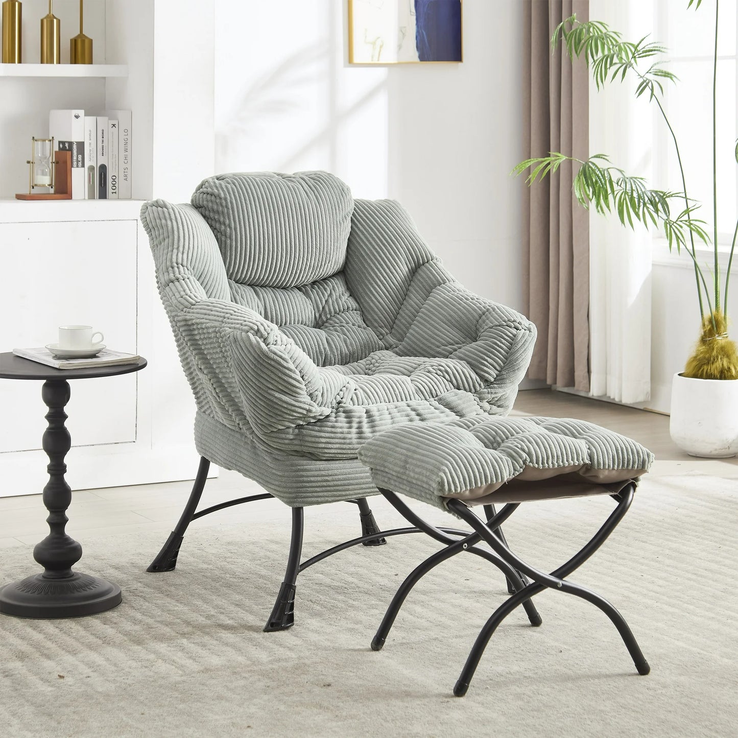 PORKISS Accent Chair with Ottoman, Modern Soft Flannelette PP Cotton Lazy Sofa Armchair for Small Space, White
