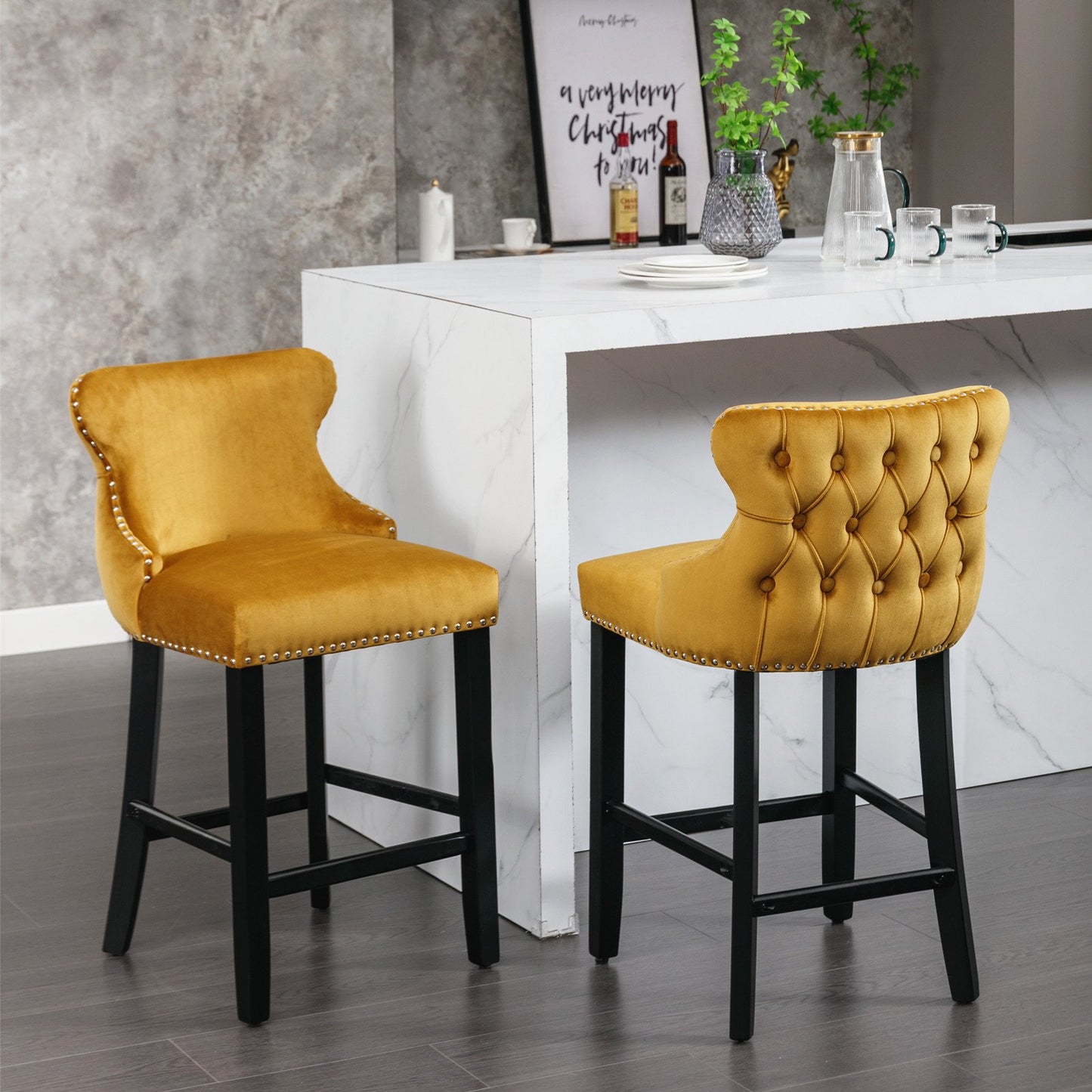 PORKISS Dining Chairs Set of 2, Thickened Fabric Chairs with Solid Wood Legs, Modern Velvet Upholstered Dining Chairs, Leisure Style Bar Chairs, Beige