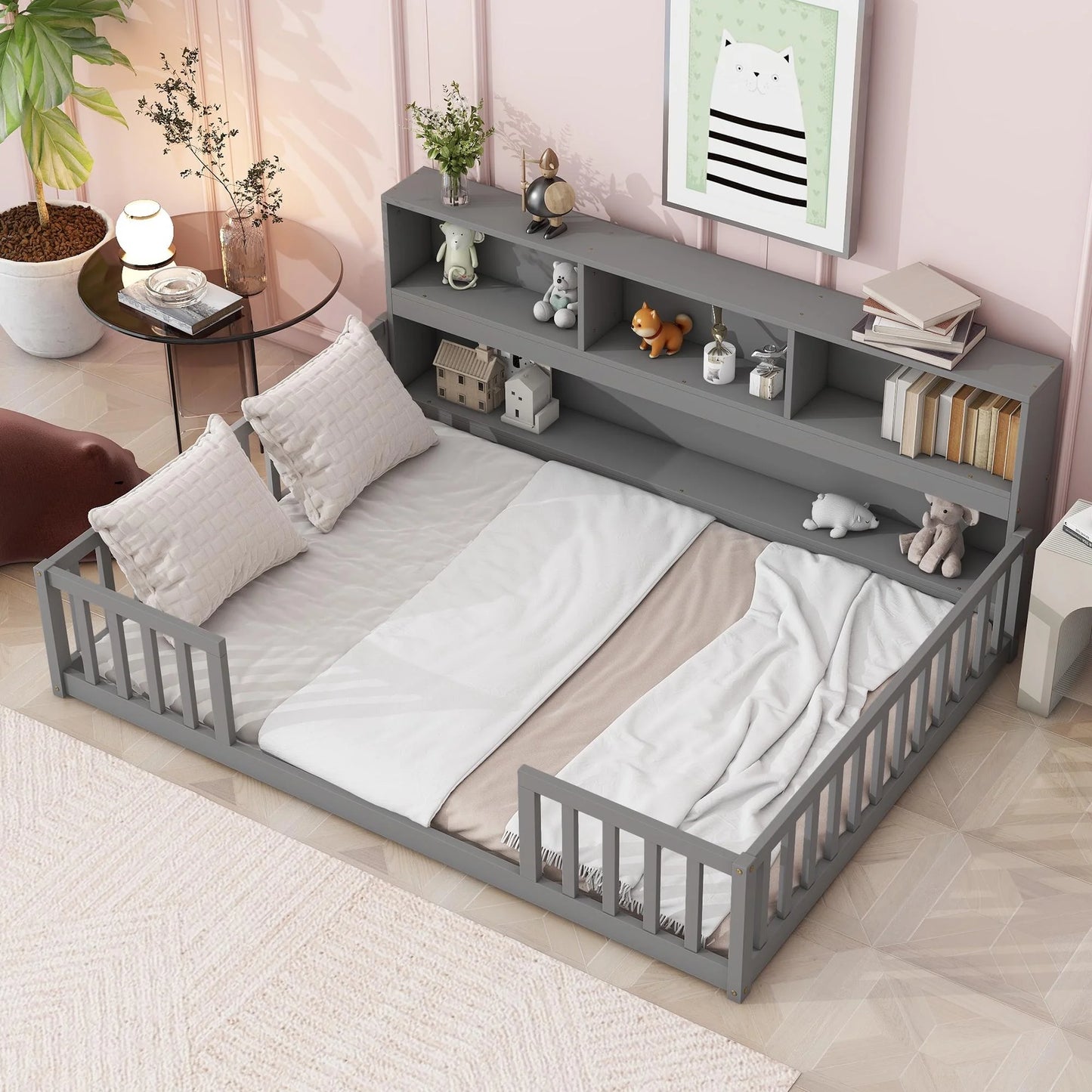 PORKISS Twin Size Floor Bed, Kids Wood Bed with Shelves, Fence, Wood Montessori Floor Bed, White