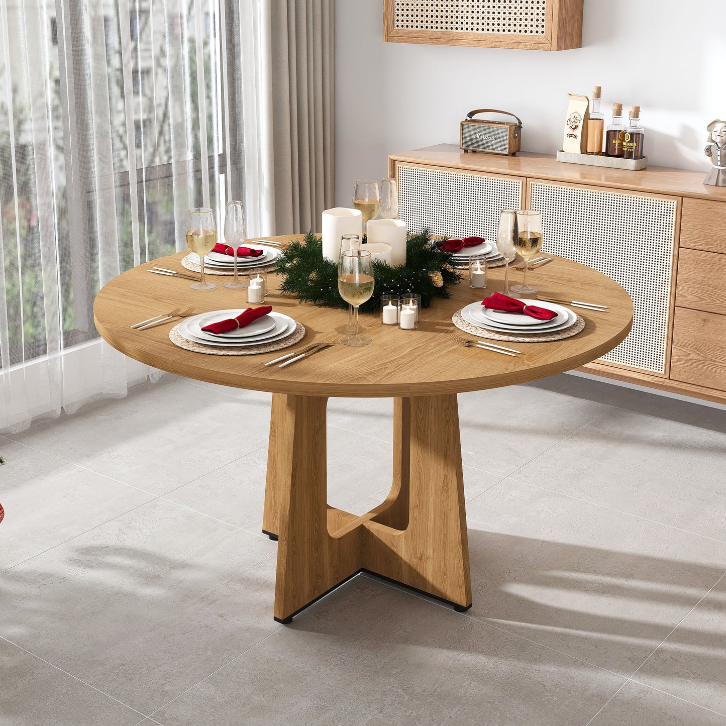 SESSLIFE 47" Round Dining Table for 4–6, Farmhouse Kitchen Table with Wood Grain Finish, Sturdy MDF Top and Metal Base, Easy Assembly, Ancient Oak