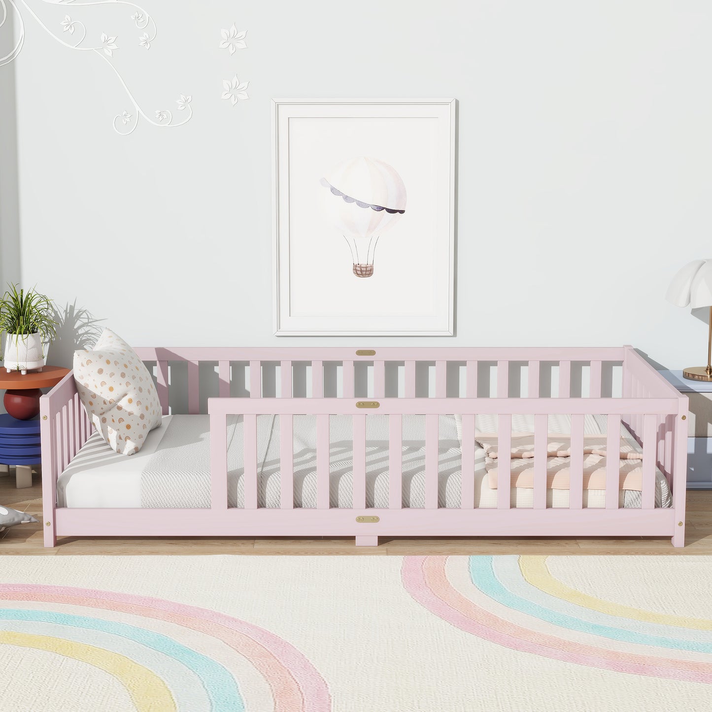 Sesslife Twin Montessori Floor Bed, Twin Size Floor Bed with Fence Without Door, Toddler Bed with Salts, Safety Guardrails, No Box Spring Needed, Twin Bed for Kids Girls, Boys, White