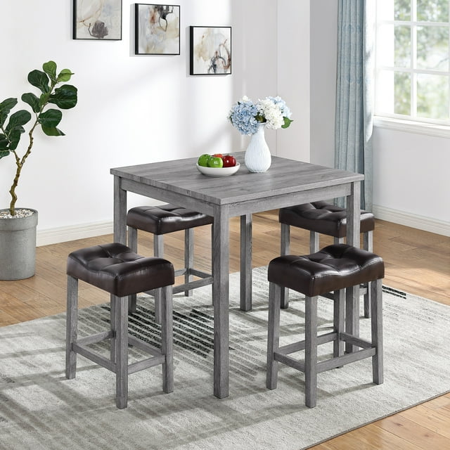 PORKISS 5 Piece Dining Table Set, Rustic Bar Table Set with Table 4 Upholstered Stools, White+Black