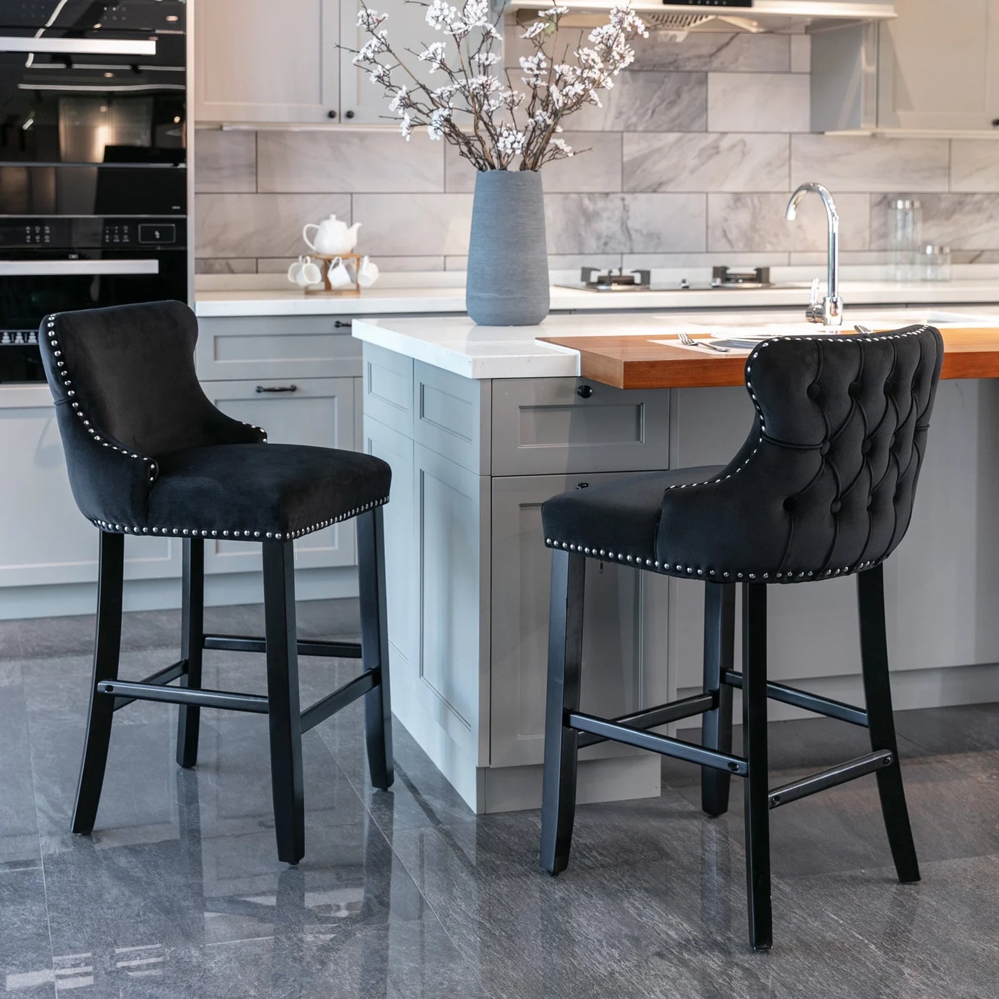 PORKISS Dining Chairs Set of 2, Thickened Fabric Chairs with Solid Wood Legs, Modern Velvet Upholstered Dining Chairs, Leisure Style Bar Chairs, Beige