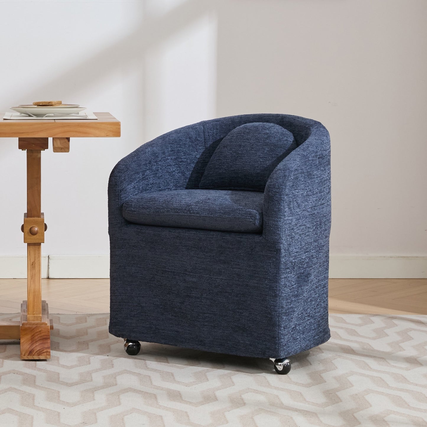 PORKISS Upholstered Dining Chair with Wheels, Chenille Upholstered Kitchen Chairs, Accent Chairs for Kitchen Living Room, Beige