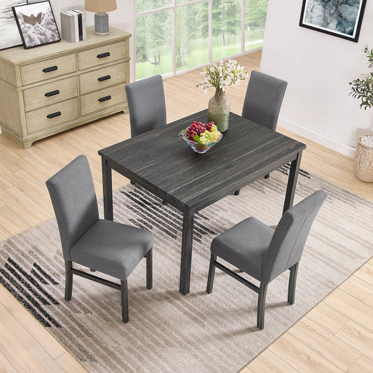 PORKISS Wood Dining Table Set for 4, 5 Piece Dining Room Set with 1 Table 4 Upholstered Chairs, Dark Gray