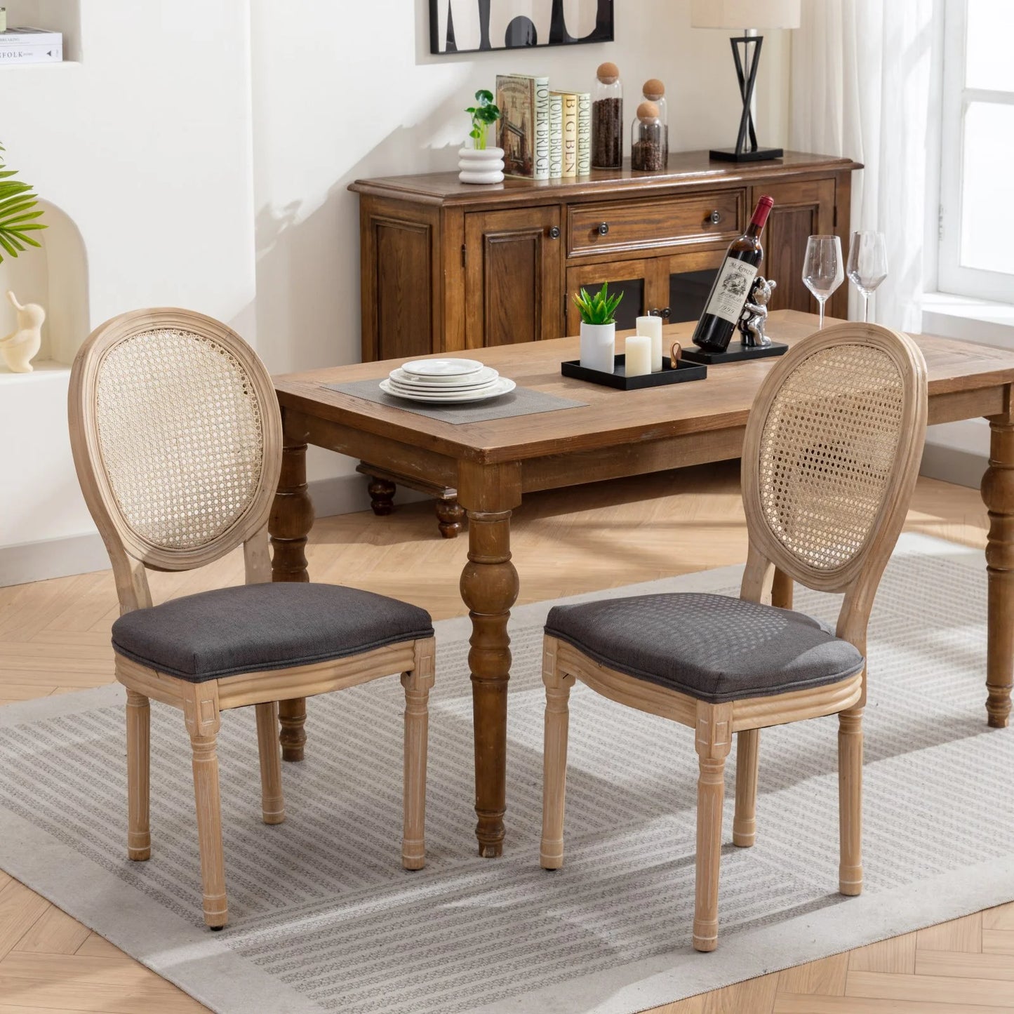 PORKISS Dining Chairs Modern Upholstered Set of 2, French Style Solid Wood Dining Side Chairs, Linen Fabric Dining Chair with Nailhead Trim, Beige B