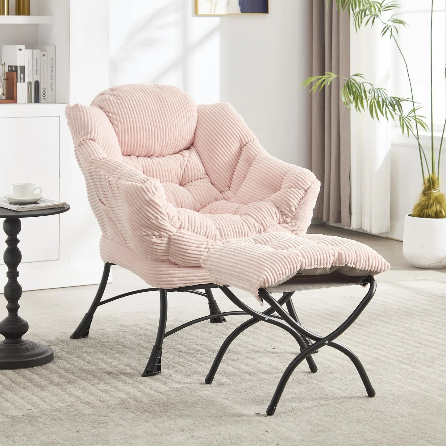 PORKISS Accent Chair with Ottoman, Modern Soft Flannelette PP Cotton Lazy Sofa Armchair for Small Space, White