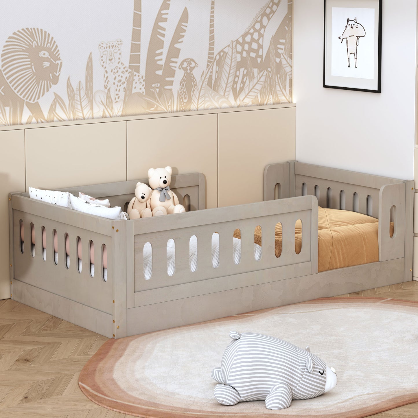 Twin Size Floor Bed Frame, SESSLIFE Twin Platform Bed with Fence for Kids, Wood Toddler Bed Montessori Floor Bed with Safety Guardrail for Boys Girls, No Box Spring Needed, White