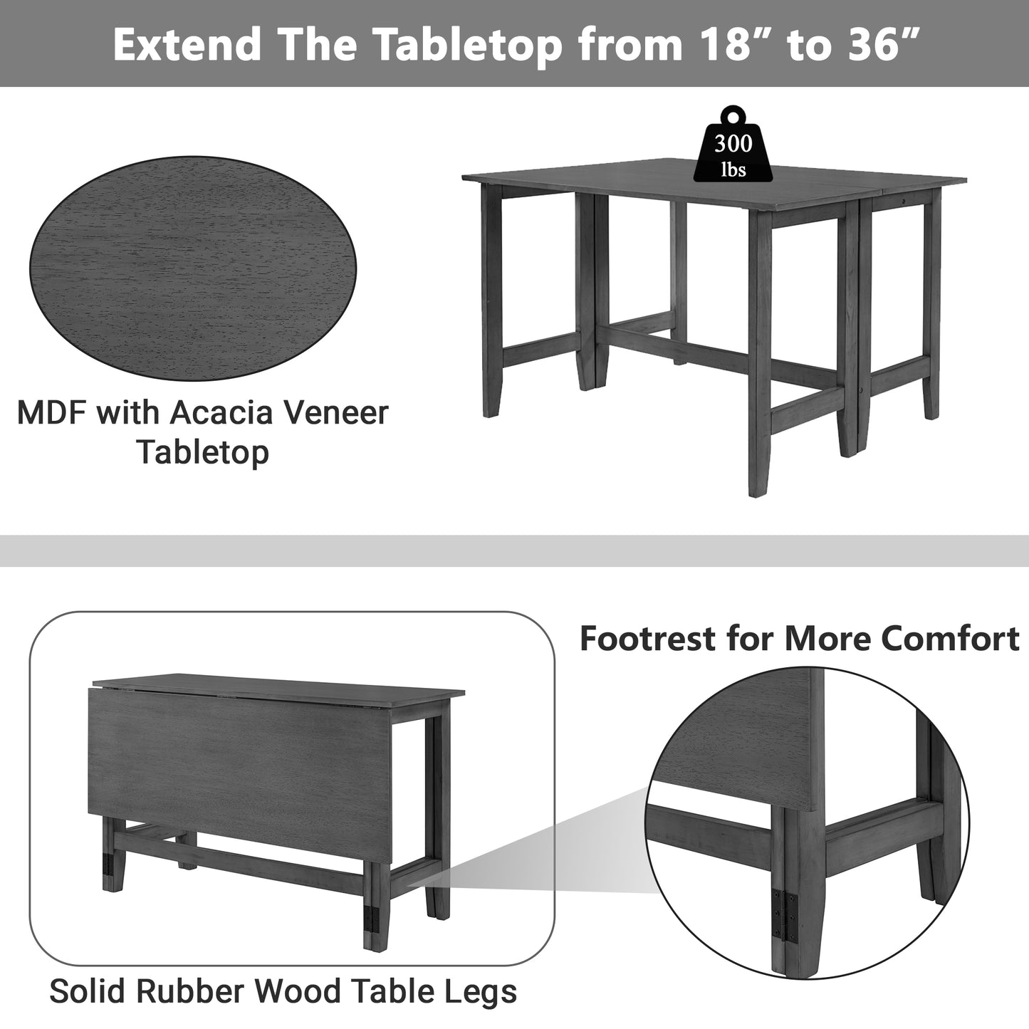 SESSLIFE Extendable Dining Table for Small Space, Farmhouse Solid Wood Kitchen Table, Drop Leaf Folding Design, Rectangular Dining Table for 4, Gray