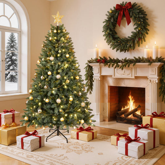 SESSLIFE 7.5 Ft Pre-Lit Christmas Tree with 550 Warm White LED Lights, Hinged Branches for 3-Minute Setup, 1350 Tips Realistic Artificial Tree with Metal Stand, Indoor Holiday Decor